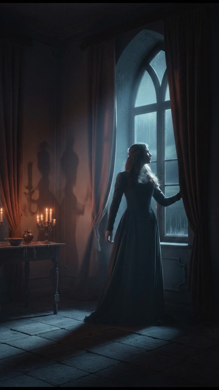 Anna standing by the window with a hopeful expression, looking outside.