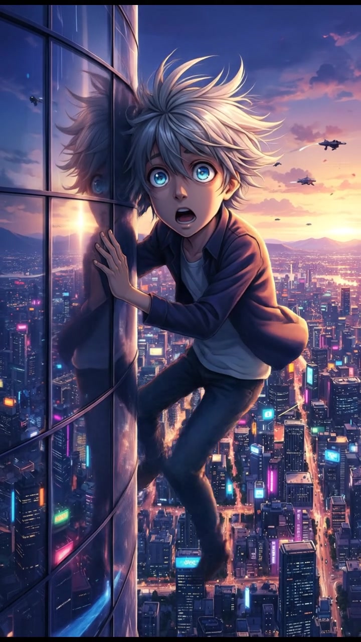 Eli Melman pressing his body against the glass of a skyscraper, looking out.