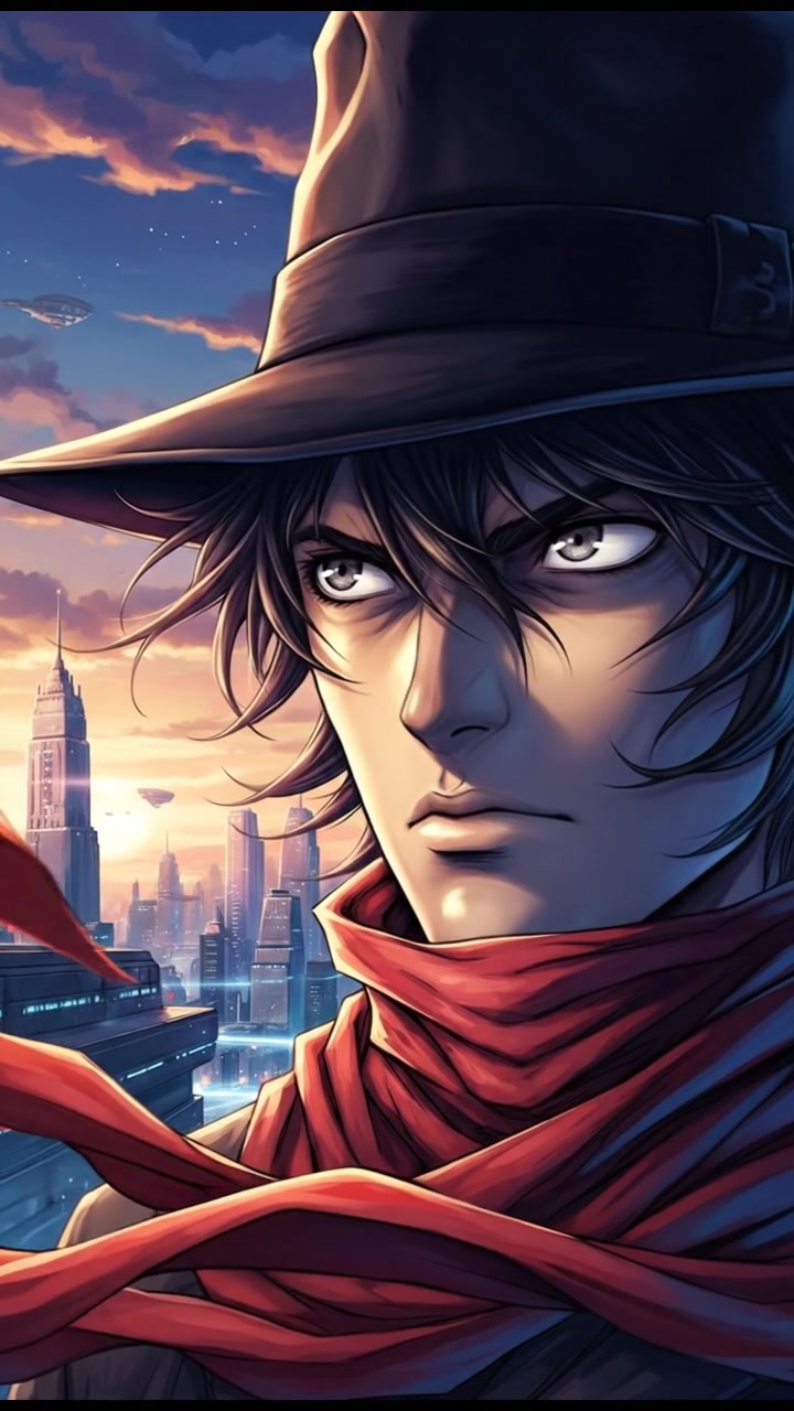 A close-up of The Shadow's face, showing a determined expression as he focuses on something in the distance.