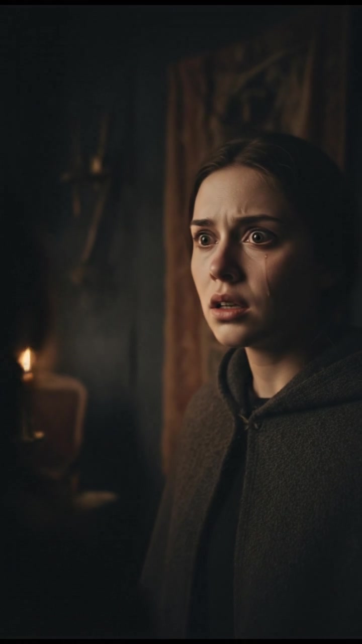 A close-up of Anna whispering, eyes wide with fear, looking beyond the camera.