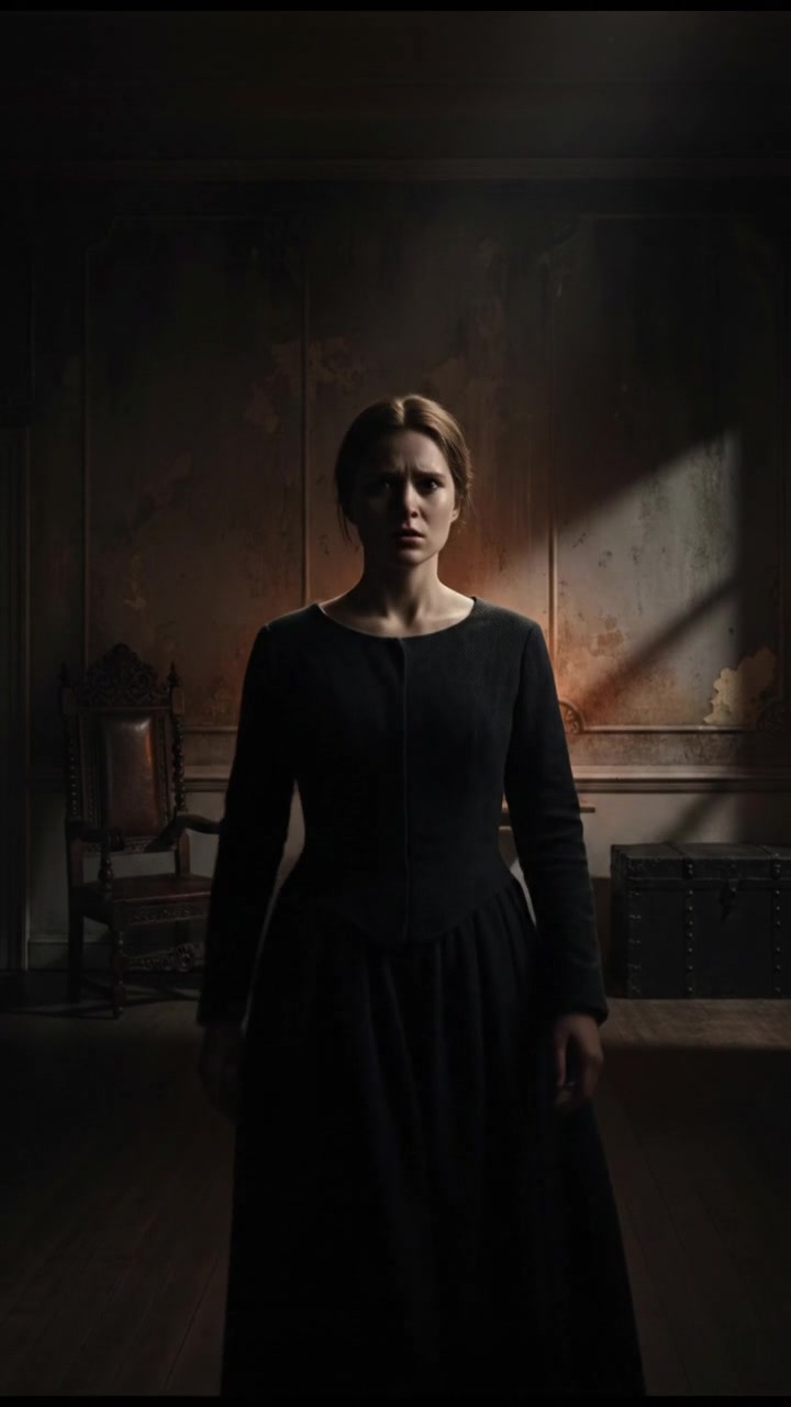 Anna, looking worried, stands in a dimly lit room, shadows cast across the walls.