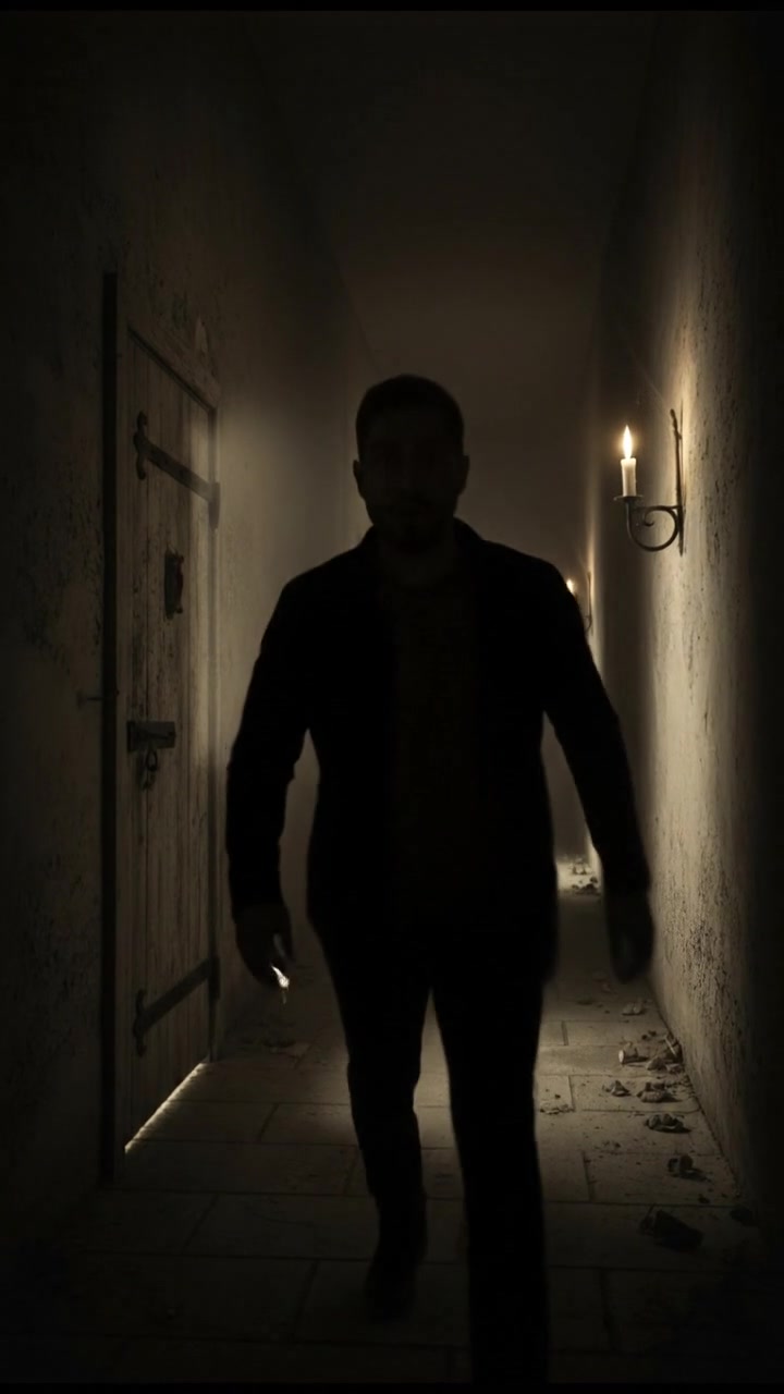 Jake standing in a dimly lit hallway, looking startled near a closed door.