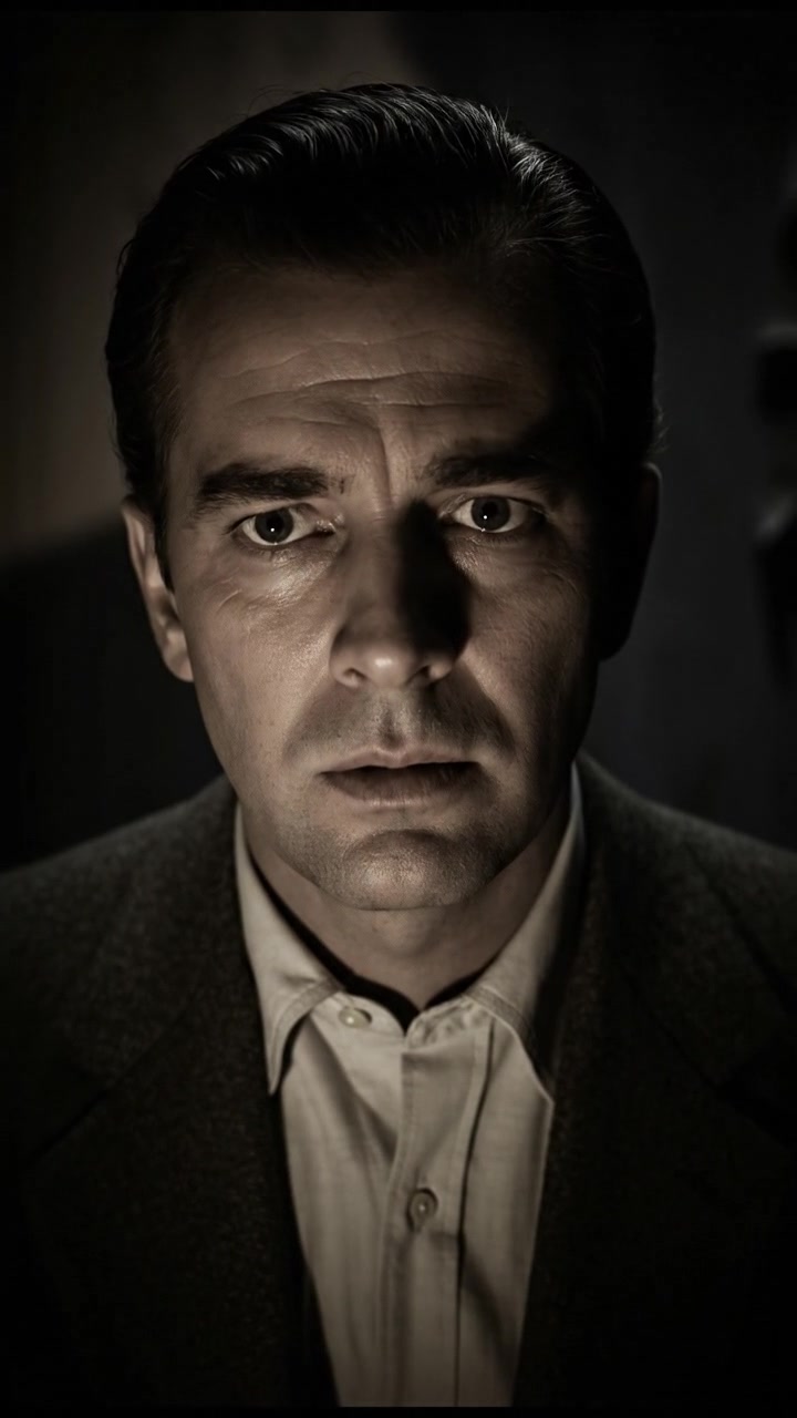 A close-up of Norman Bates with an uneasy expression, the shadows deep around him.