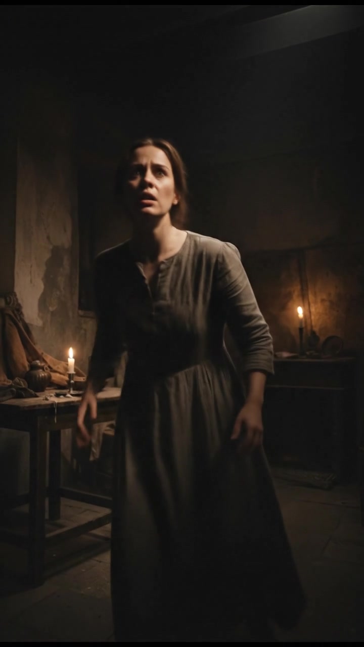 Anna looking startled in a dimly lit room, glancing fearfully around her.