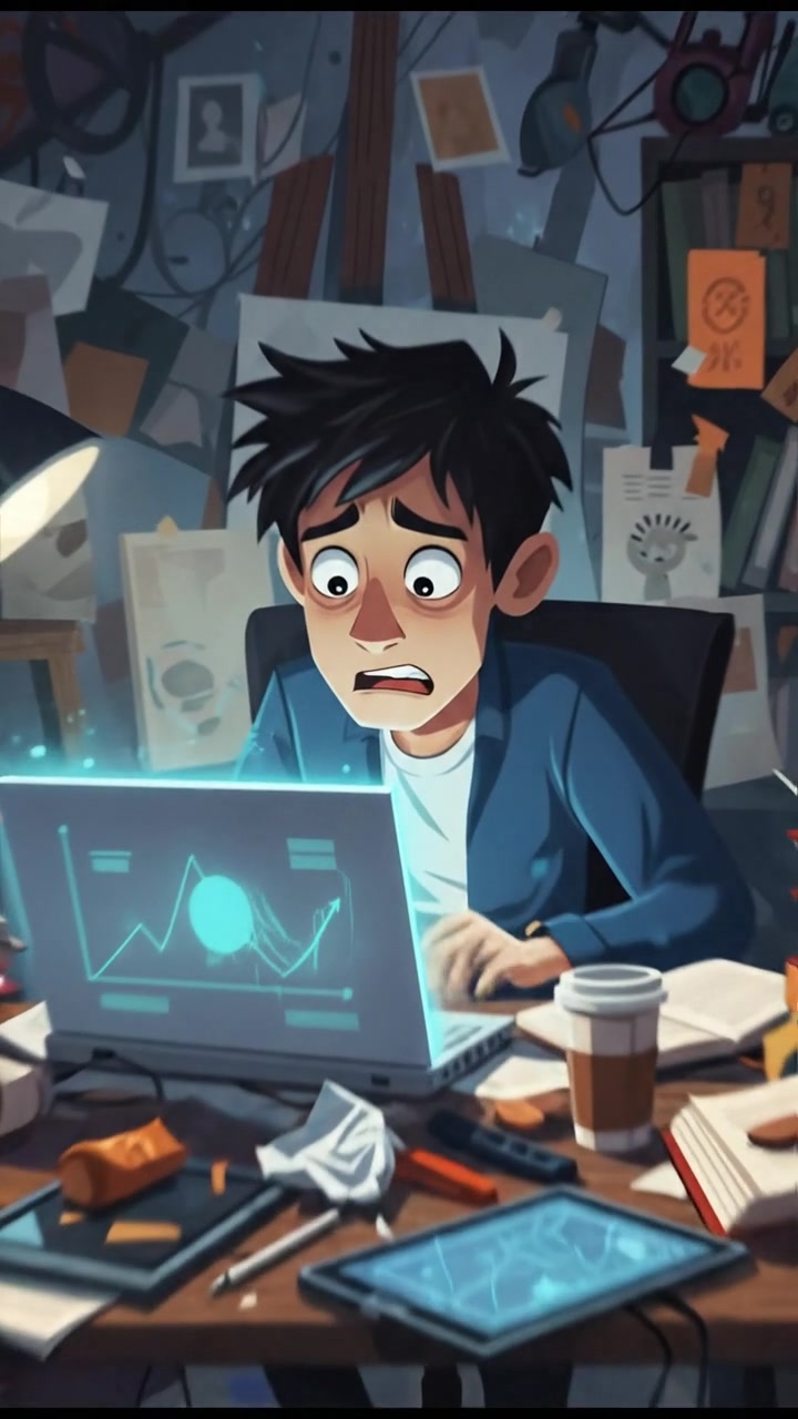 Dika sitting at a cluttered desk with books and a laptop, looking anxious.