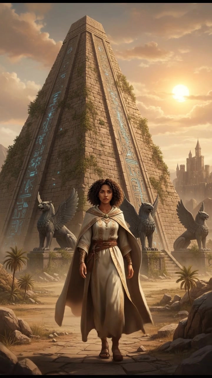 Nia in light clothing walks past a massive pyramid in the midday sun. 