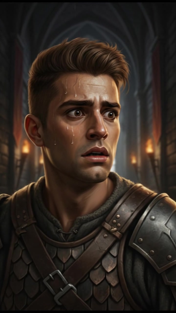 A close-up of Andi's face showing fear as he hears the sound of heavy footsteps.