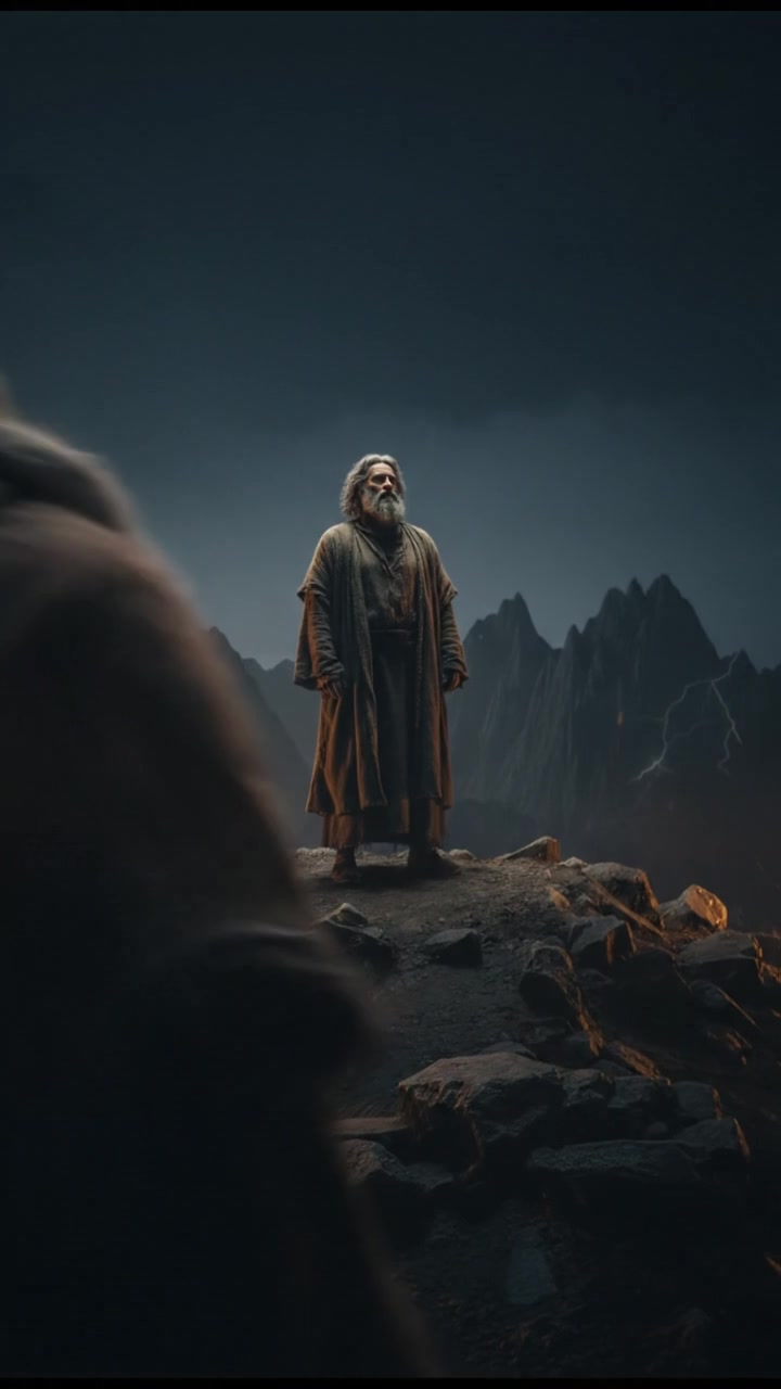 Moses, standing on a rocky hilltop with mountains in the background, gazes up at a clear sky.