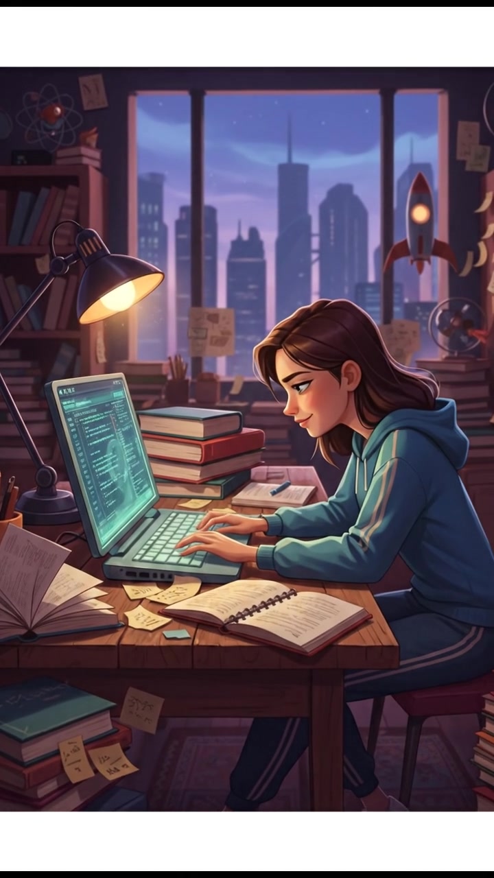 You sitting at a desk with a laptop, surrounded by books and notes, focused on the screen.