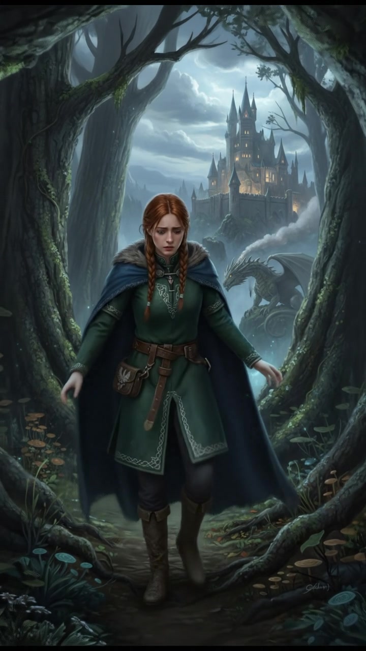Anna stands amidst tall trees in a dense forest, looking around with a worried expression.