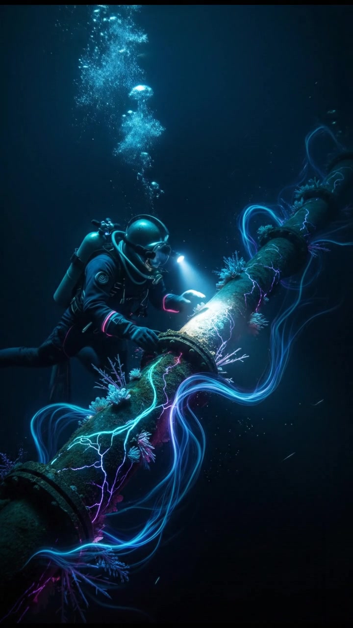 Jim, in diving gear, inspecting the underwater oil pipeline, focused on his task.