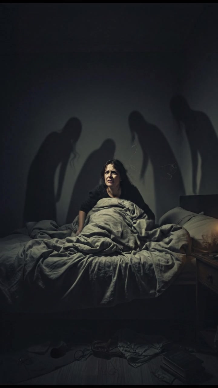 You sitting in bed at night, looking fearful while shadows loom around you, whispering fills the air.
