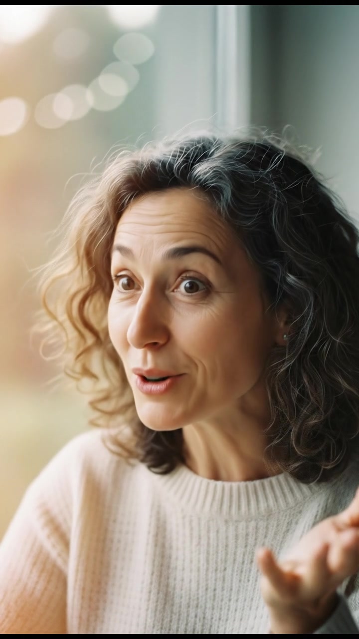 A close-up of Curious Lady speaking, her face expressive as she assures them.