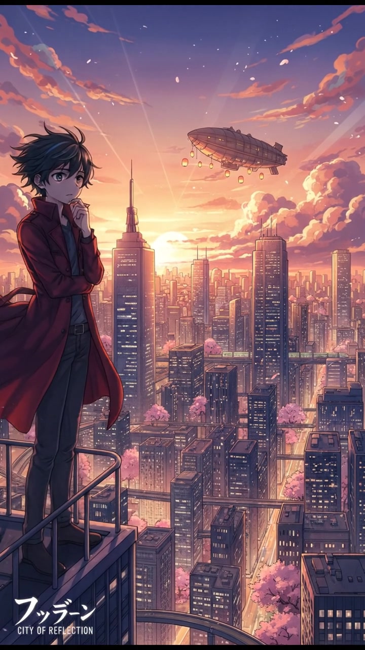 A city skyline during dusk with Jack standing on a rooftop, looking contemplative.