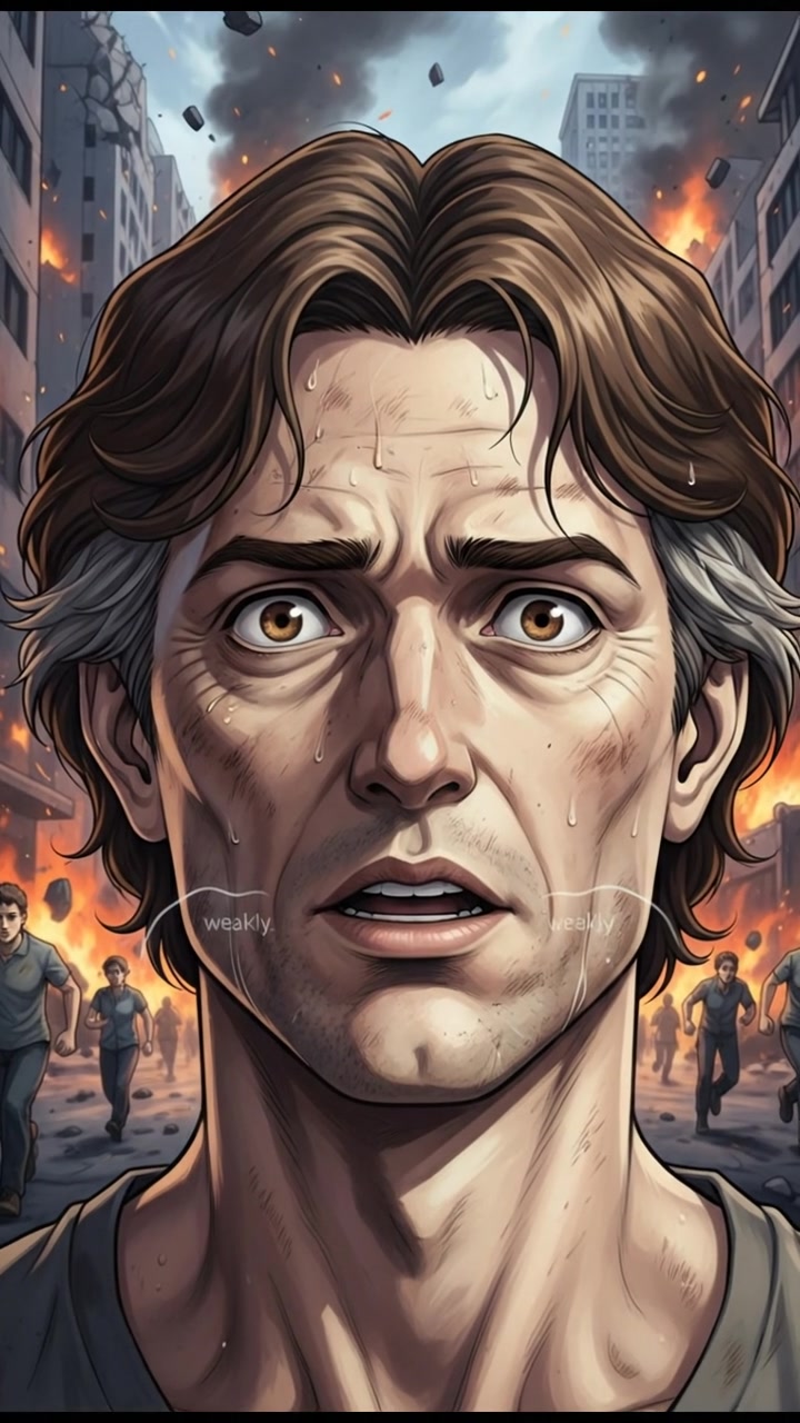 A close-up of Mark's face as he speaks weakly amidst the chaos.