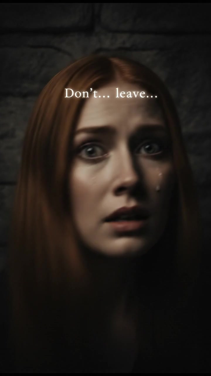 A close-up on Emma's startled face as she hears the whisper 'Don't... leave...' echoing around her.