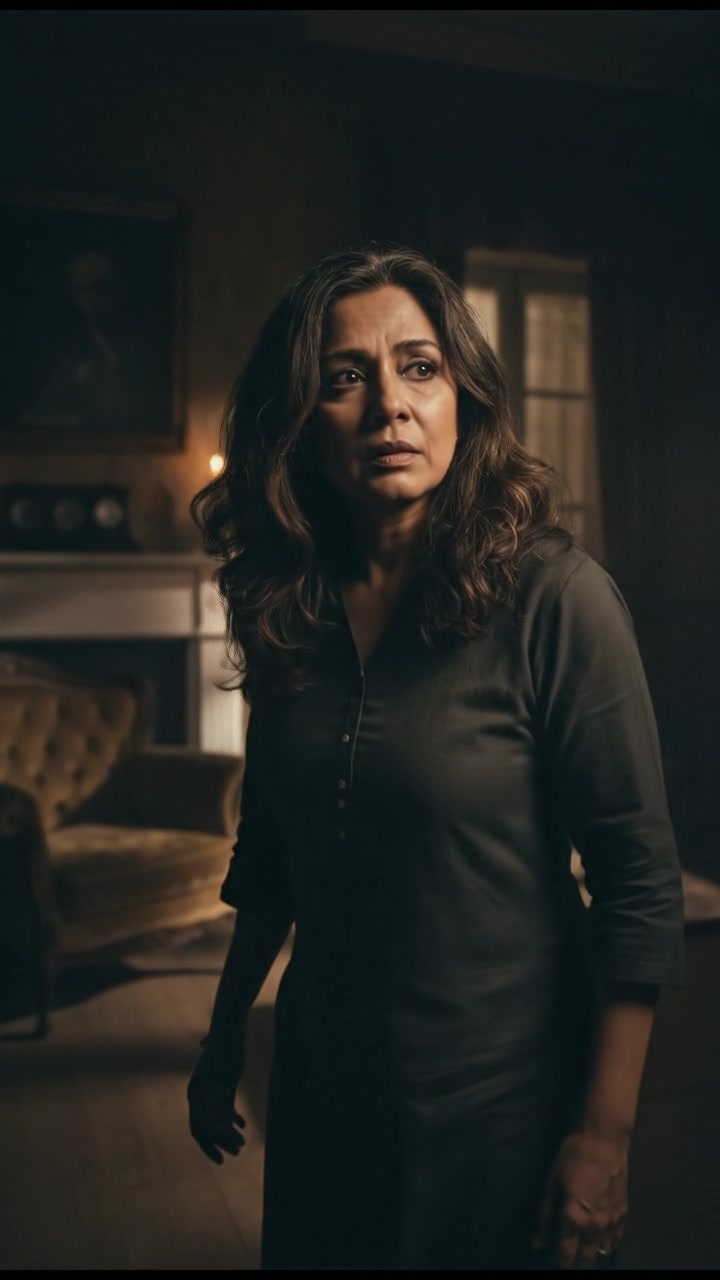 Mrs. Singh looking worried, glancing around the dimly lit living room.