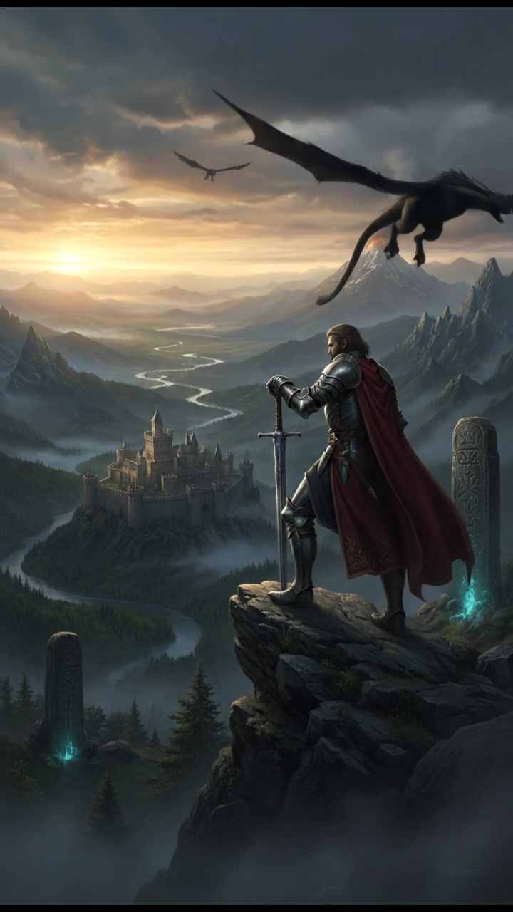 You stands at a mountain edge, looking out over a valley, with determination in his posture.