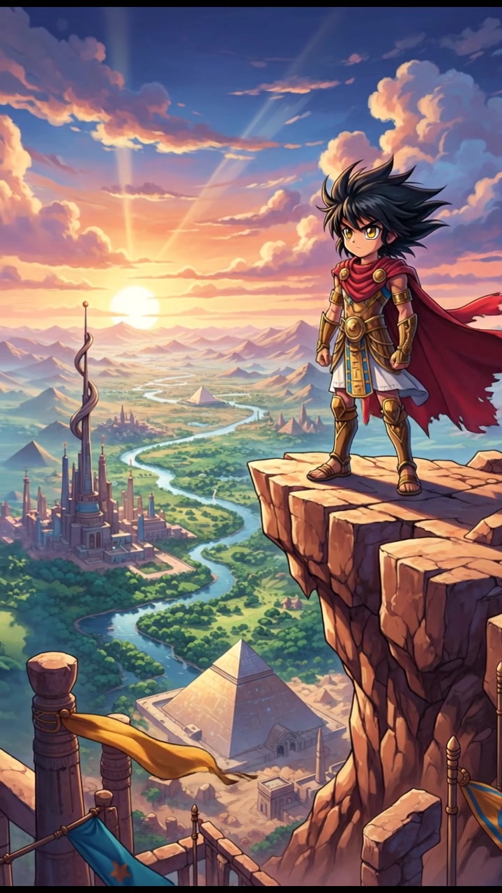 Young Pharaoh stands at a cliff's edge, looking out over the vast lands.