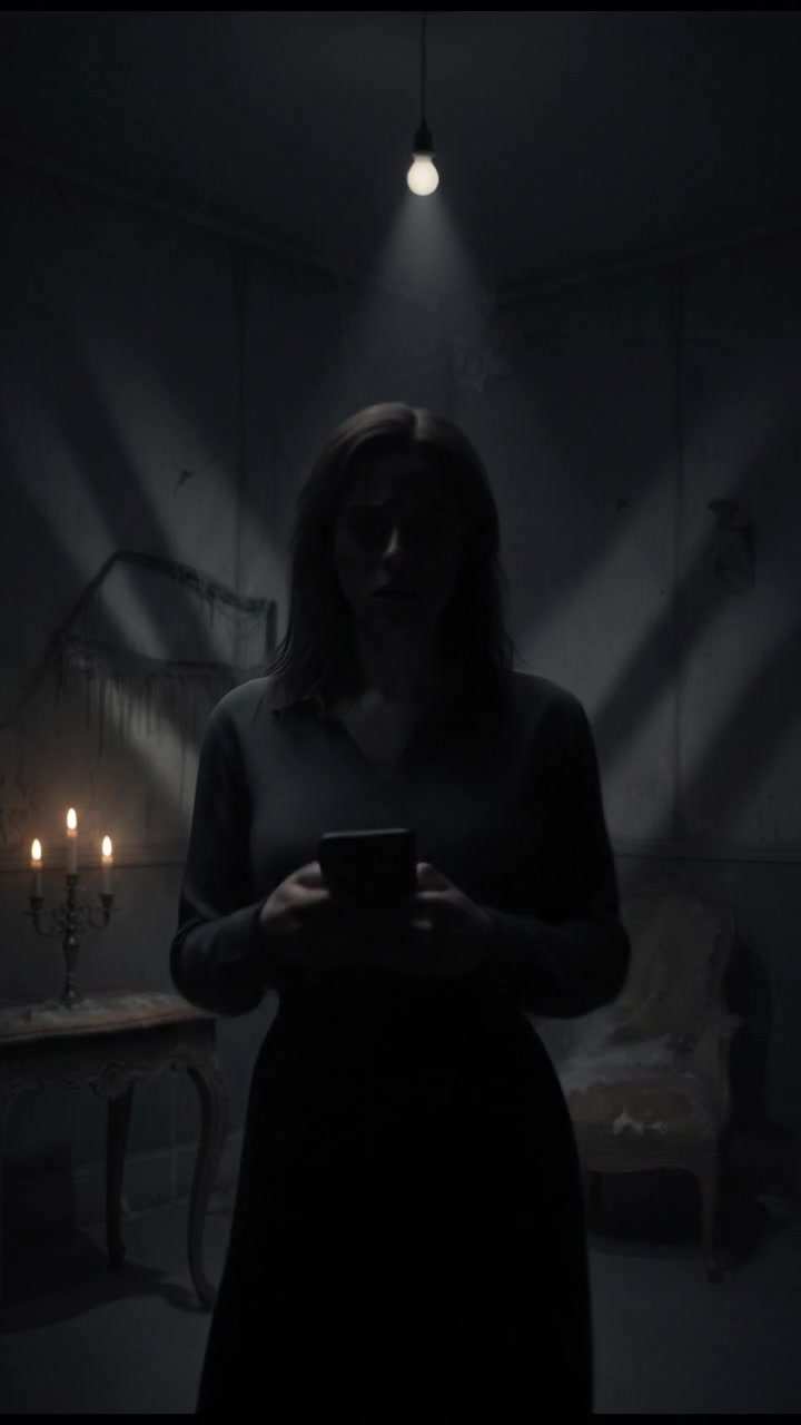 Sarah standing in a dimly lit room, looking anxious while glancing at her phone.