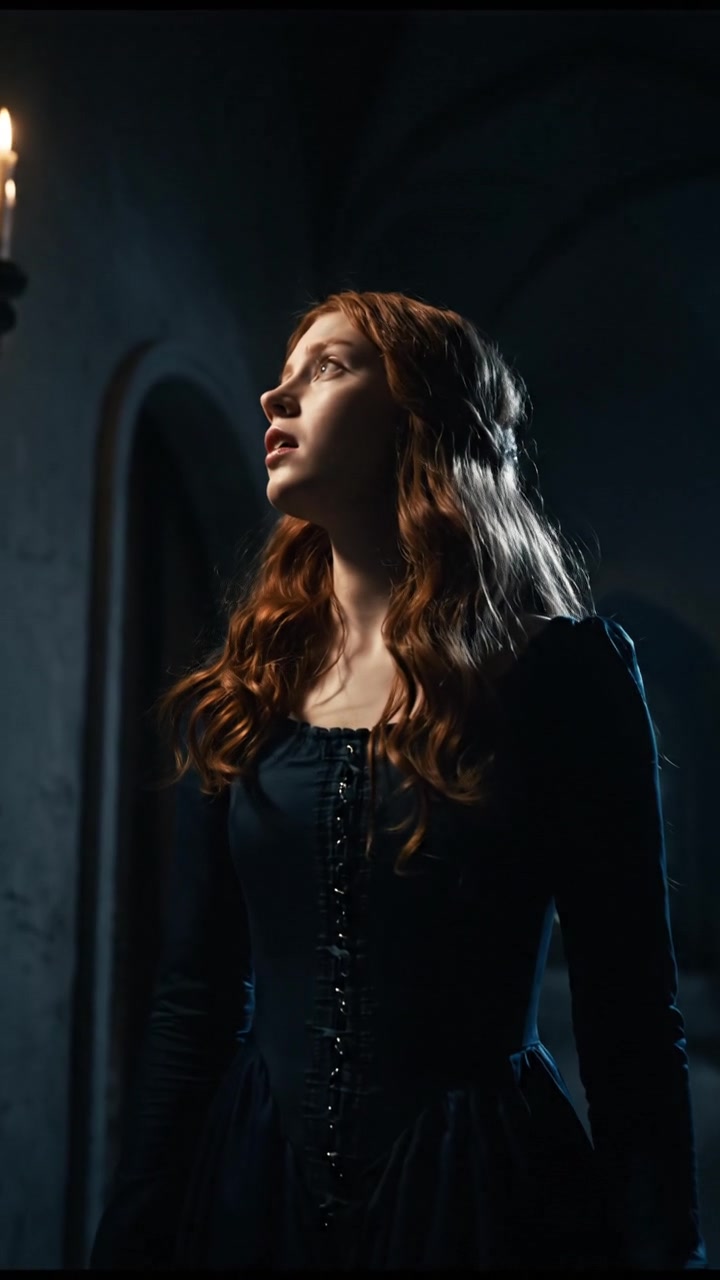 Anna stands alone in a dimly lit hallway, looking around curiously.