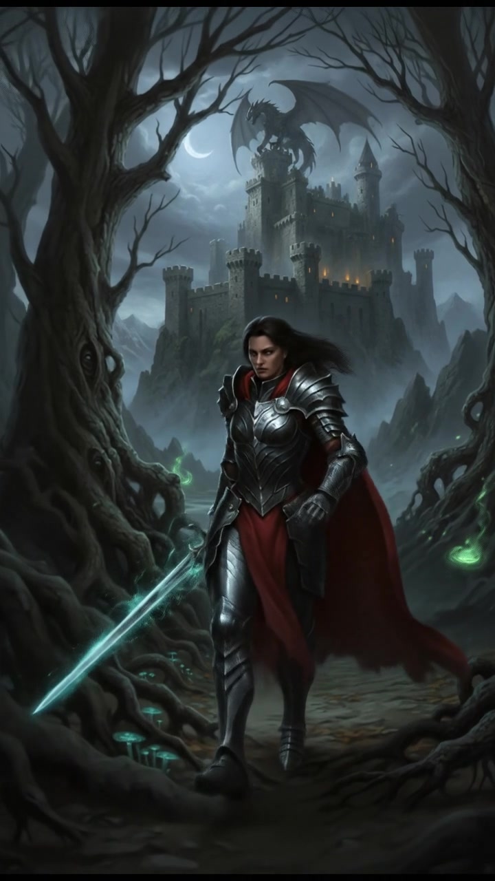 Evelyne, determined, stands at the edge of a dark forest, ready to enter.