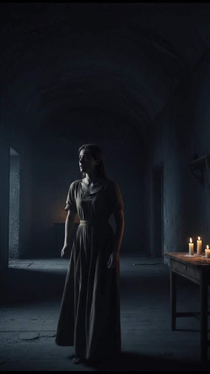 An empty room with Sarah in the foreground, looking nervously into the darkness.