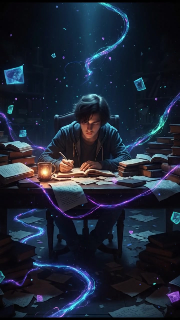 Rina studying at his desk covered with books and papers, focused on his notes in a dimly lit room.