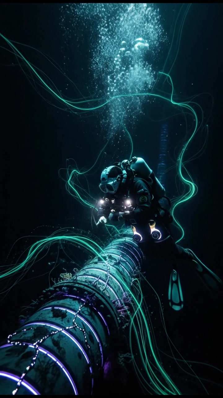 Jim Jarret, in diving gear, inspecting an underwater pipeline, surrounded by bubbles.