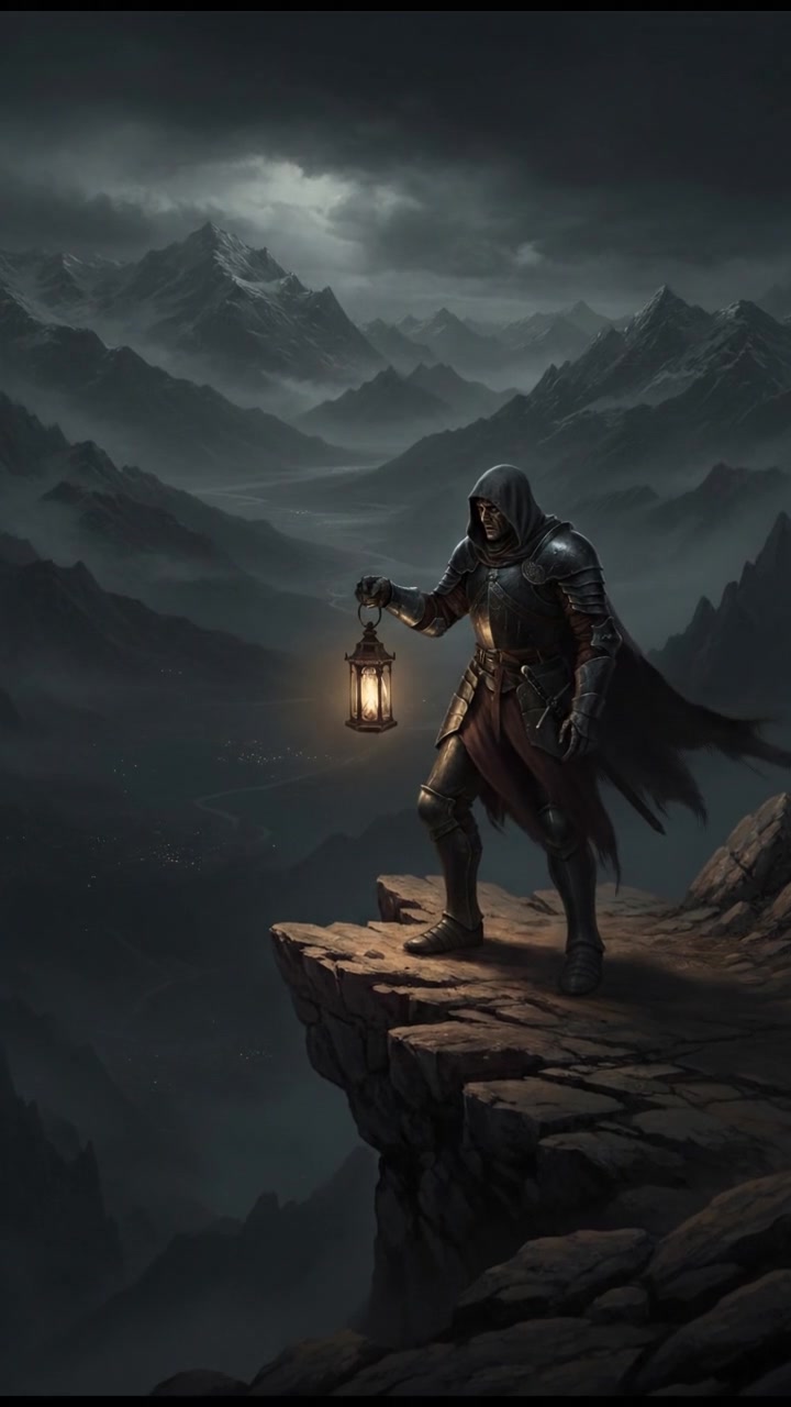 Captain Valerius stands on a cliff overlooking a vast valley, with mountains in the background.