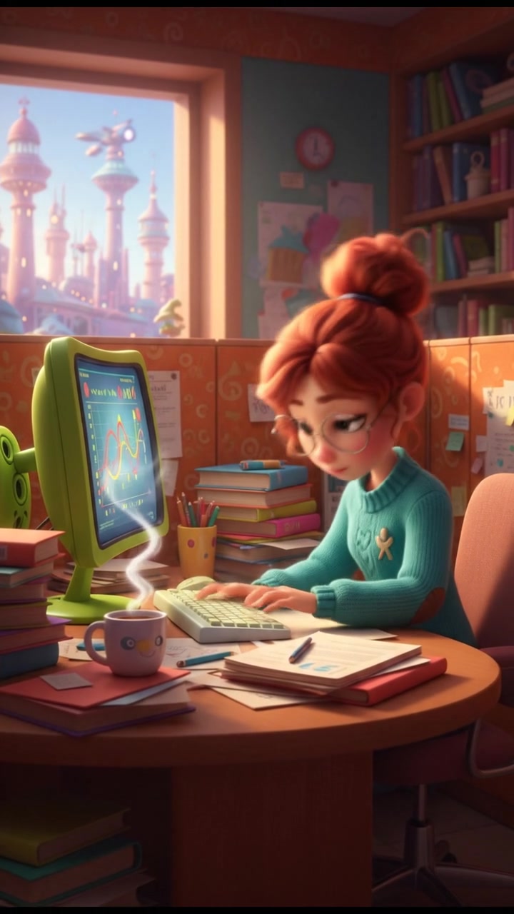 A young woman named Rina at her office desk surrounded by papers and a computer, looking focused.