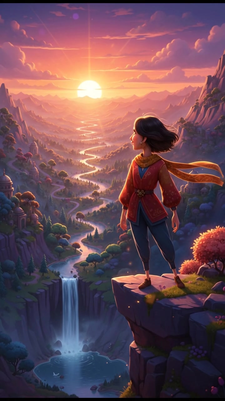Niharika stands on a mountain cliff at sunset, looking out over a vast valley below.