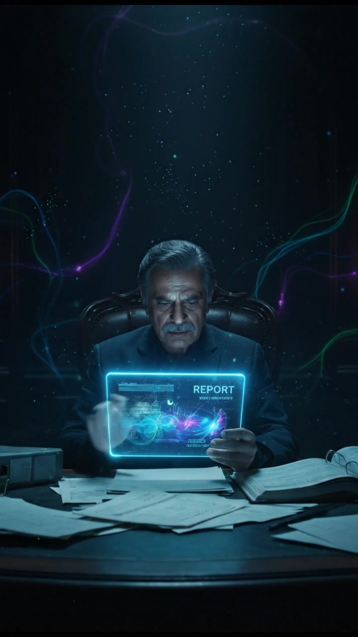 Mr. Rahman looking at a report with a concerned expression, sitting at a desk filled with documents.