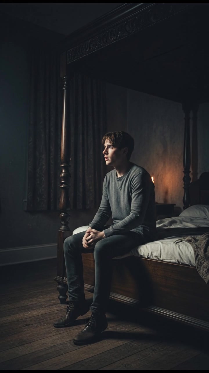 Liam sits on the edge of his bed, looking around nervously in the dark.