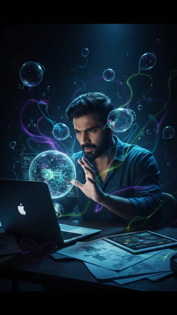 Rahul brainstorming ideas at a desk cluttered with papers and a laptop, looking determined.