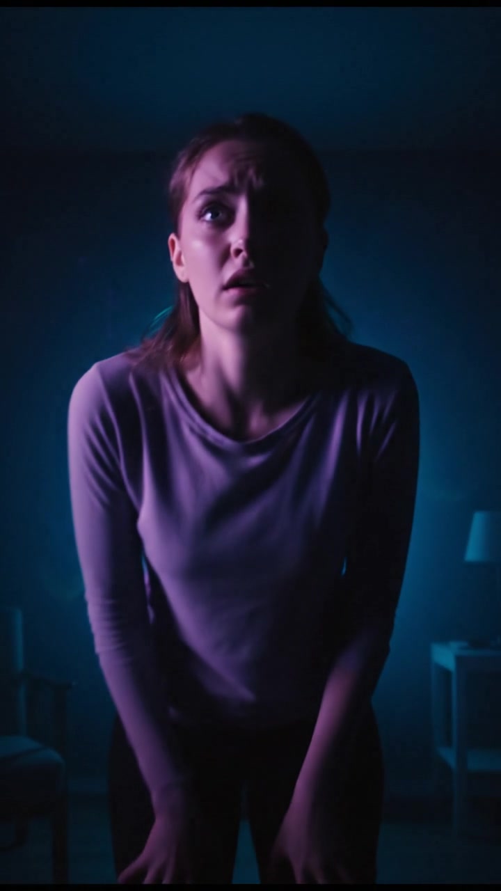 You standing still in a dimly lit room, breathing heavily with a fearful expression.