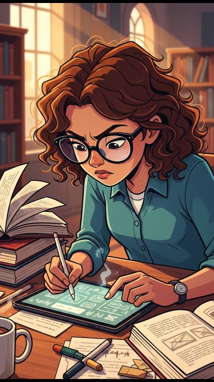 A close-up of Student 4 taking notes at a desk, with a thoughtful expression, surrounded by open books.