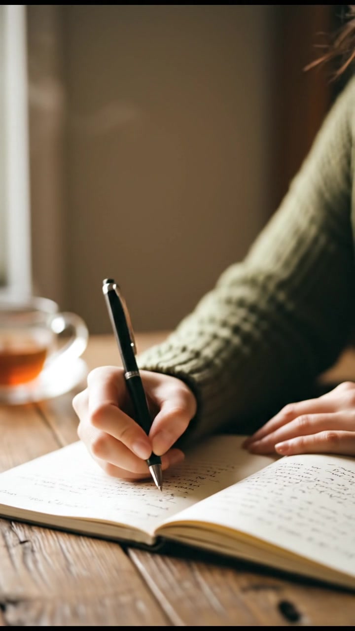 You, sitting at a wooden table with a notebook, looking contemplative as she writes with a pen.