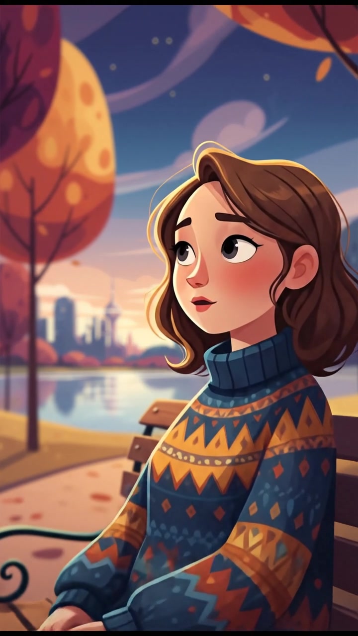 Janet sitting alone on a park bench, looking contemplative with a distant gaze.