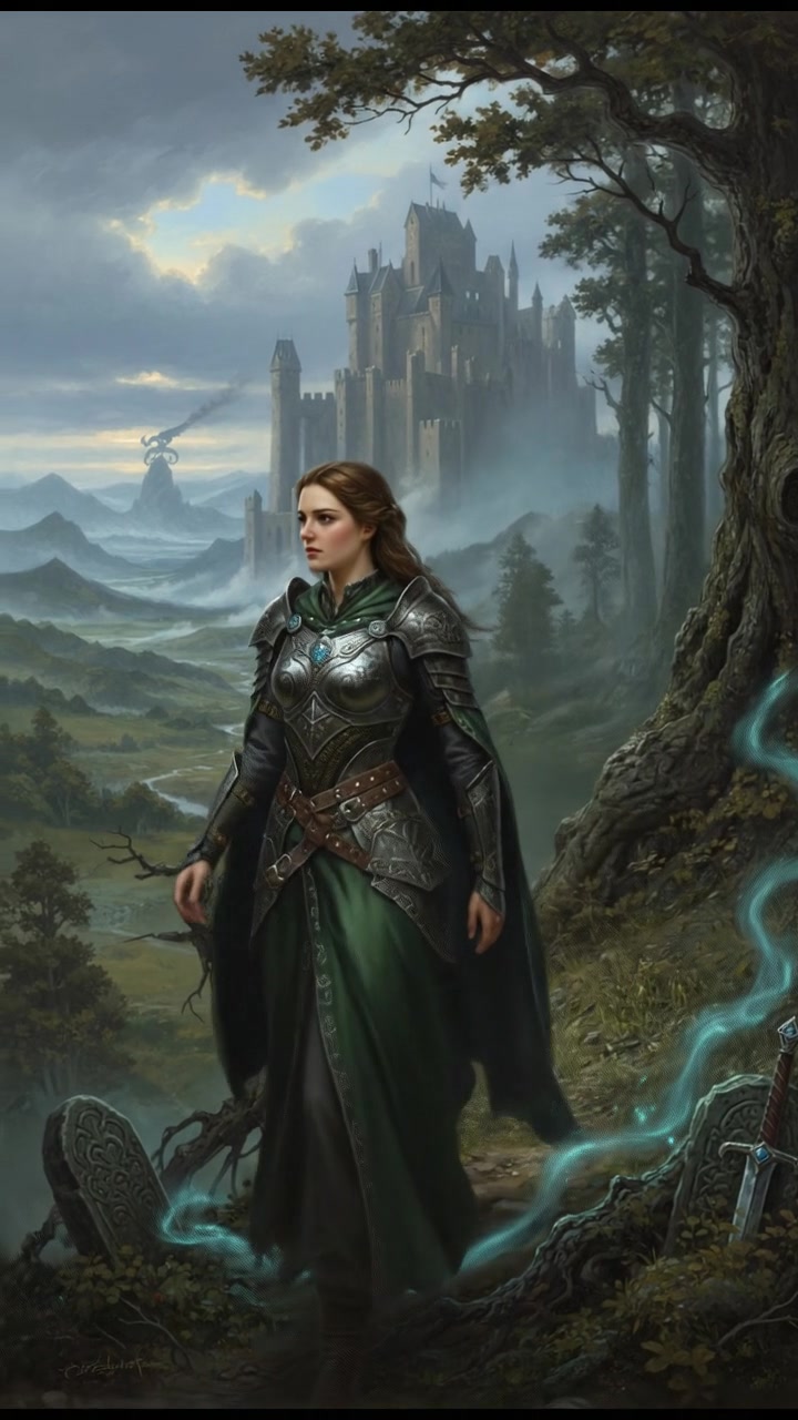 Seraphina with a thoughtful expression, standing at the forest's edge, looking intently into the woods.