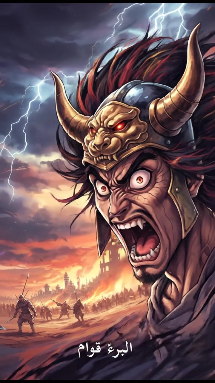 A close-up of Abu Jahl's face displaying his fierce determination as he shouts.