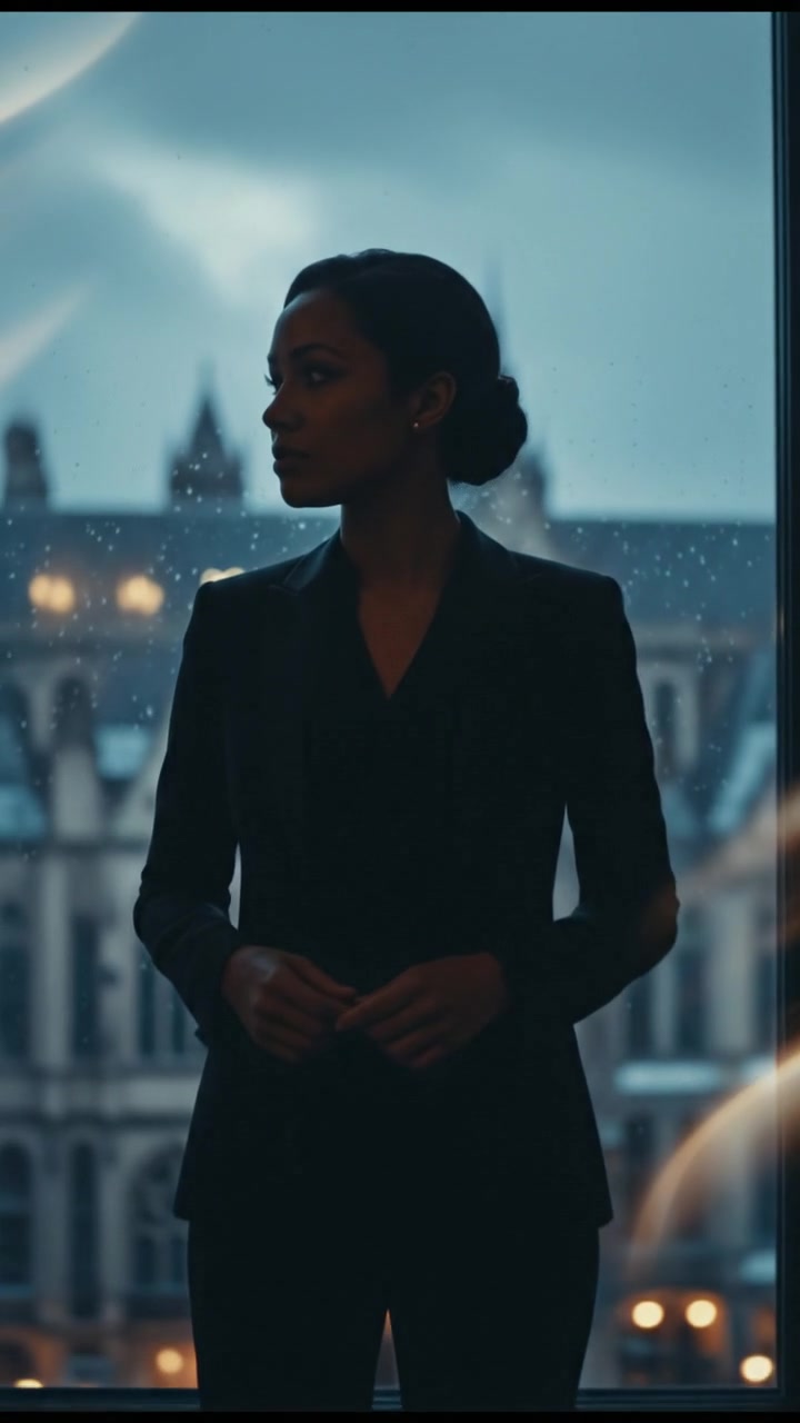 Emelda stands resolutely by the window, looking out with determination in her eyes.