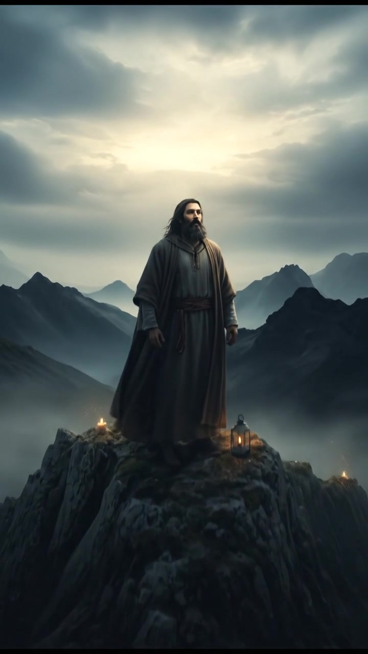 Nabi Nuh standing on the mountain, looking towards the horizon with a hopeful expression.