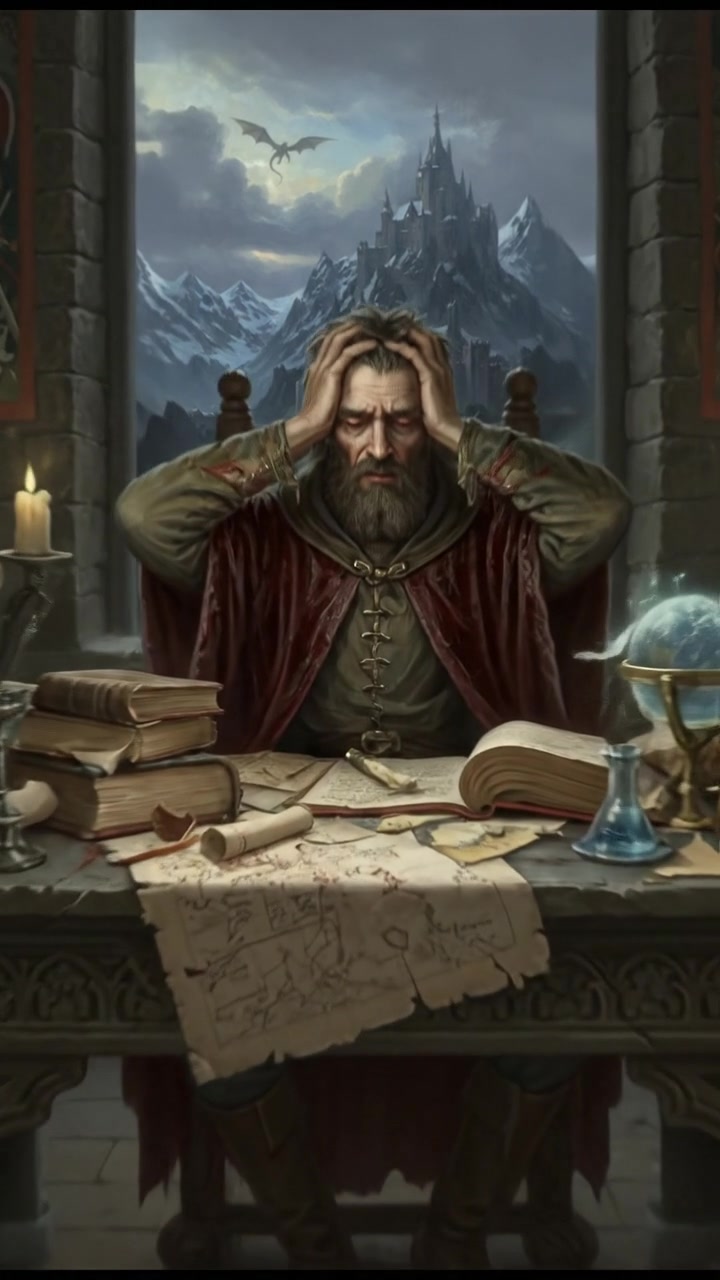 You sitting at a desk covered in books and papers, looking exhausted and frustrated.