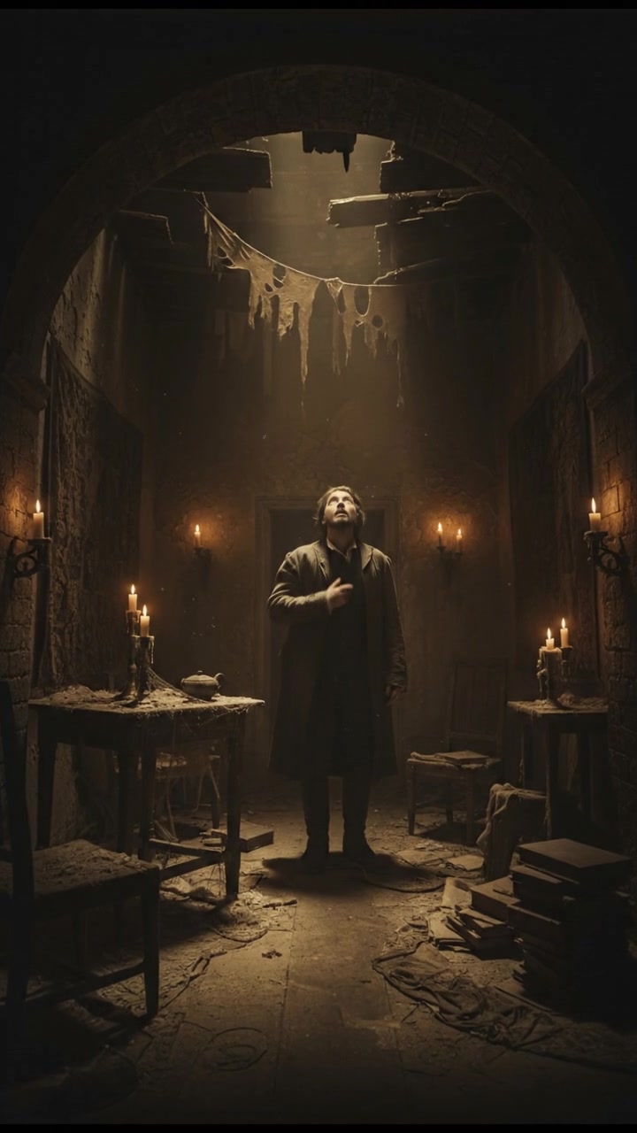 You inside a dusty room, looking around with a surprised expression.