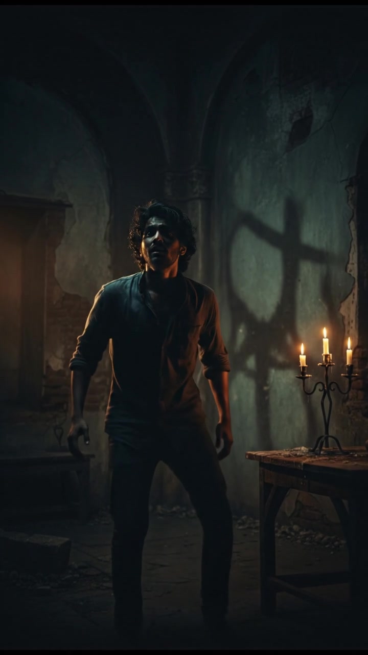 Ramu, trembling in fear, calls out into the darkness, looking apprehensive.