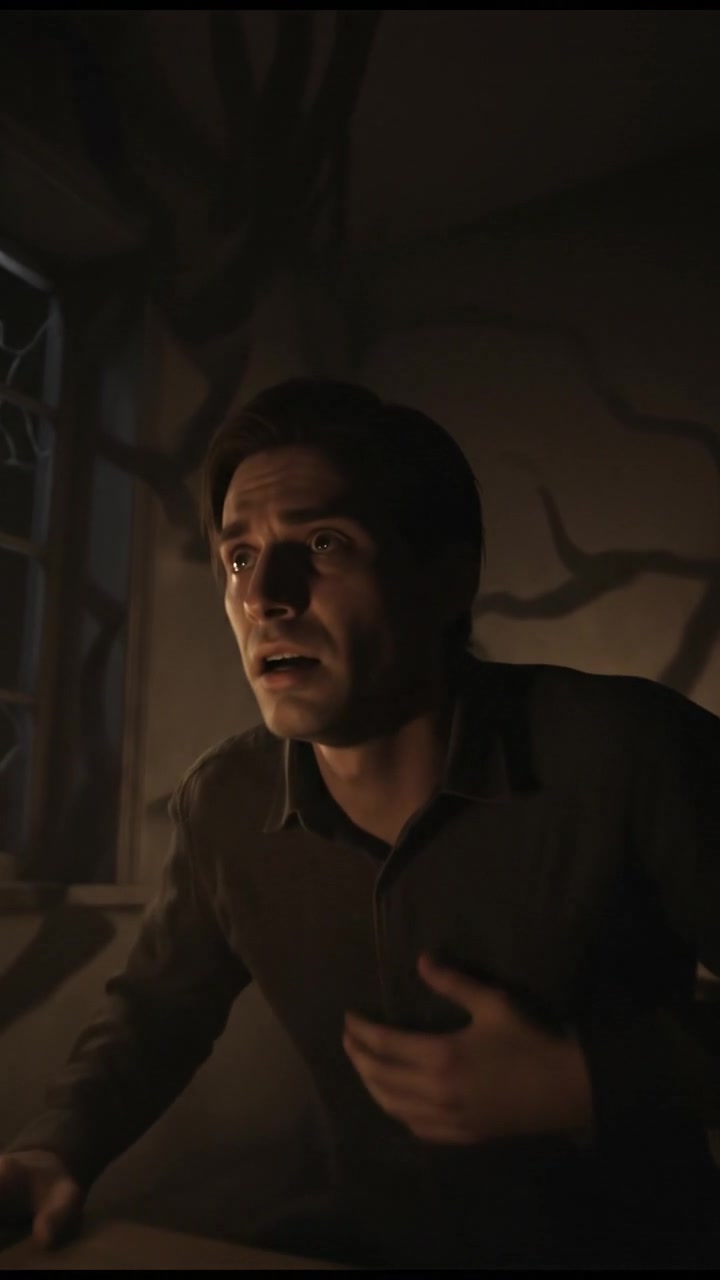 Figure holding his breath in a dimly lit room, whispering with wide, alert eyes.