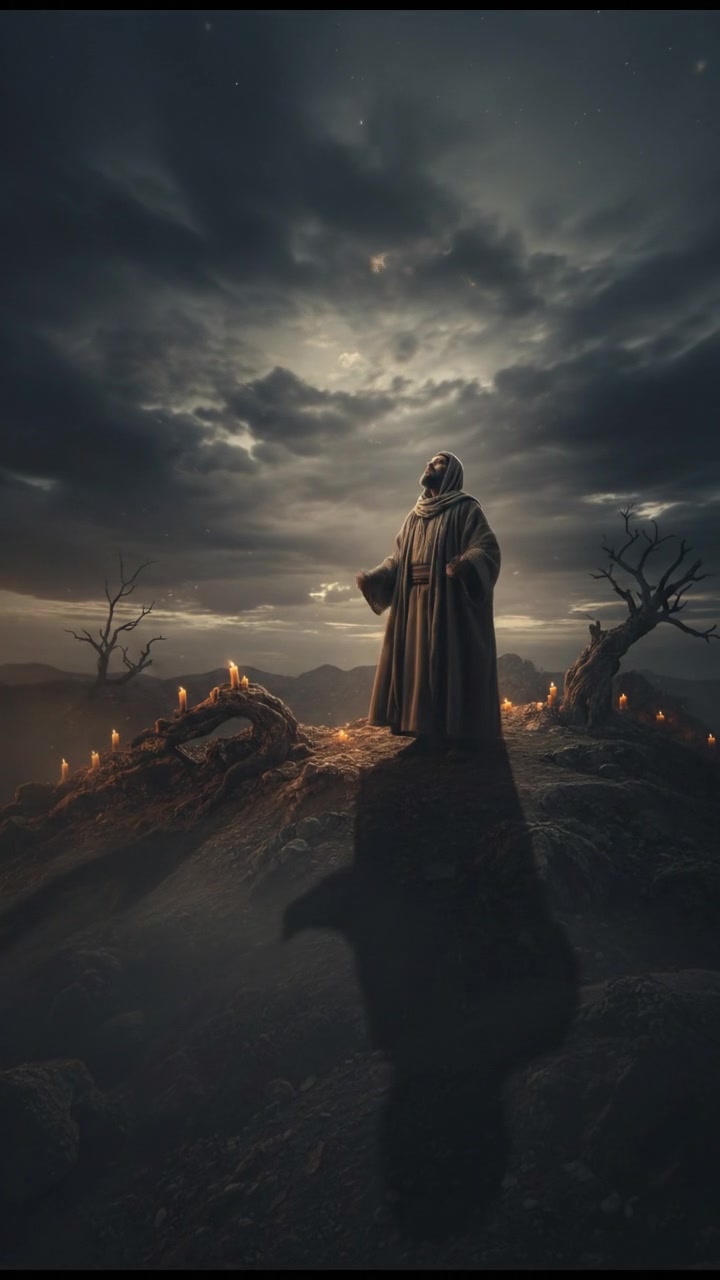 A serene landscape with Prophet Ibrahim standing on a hilltop, gazing at the sky, surrounded by gentle clouds.