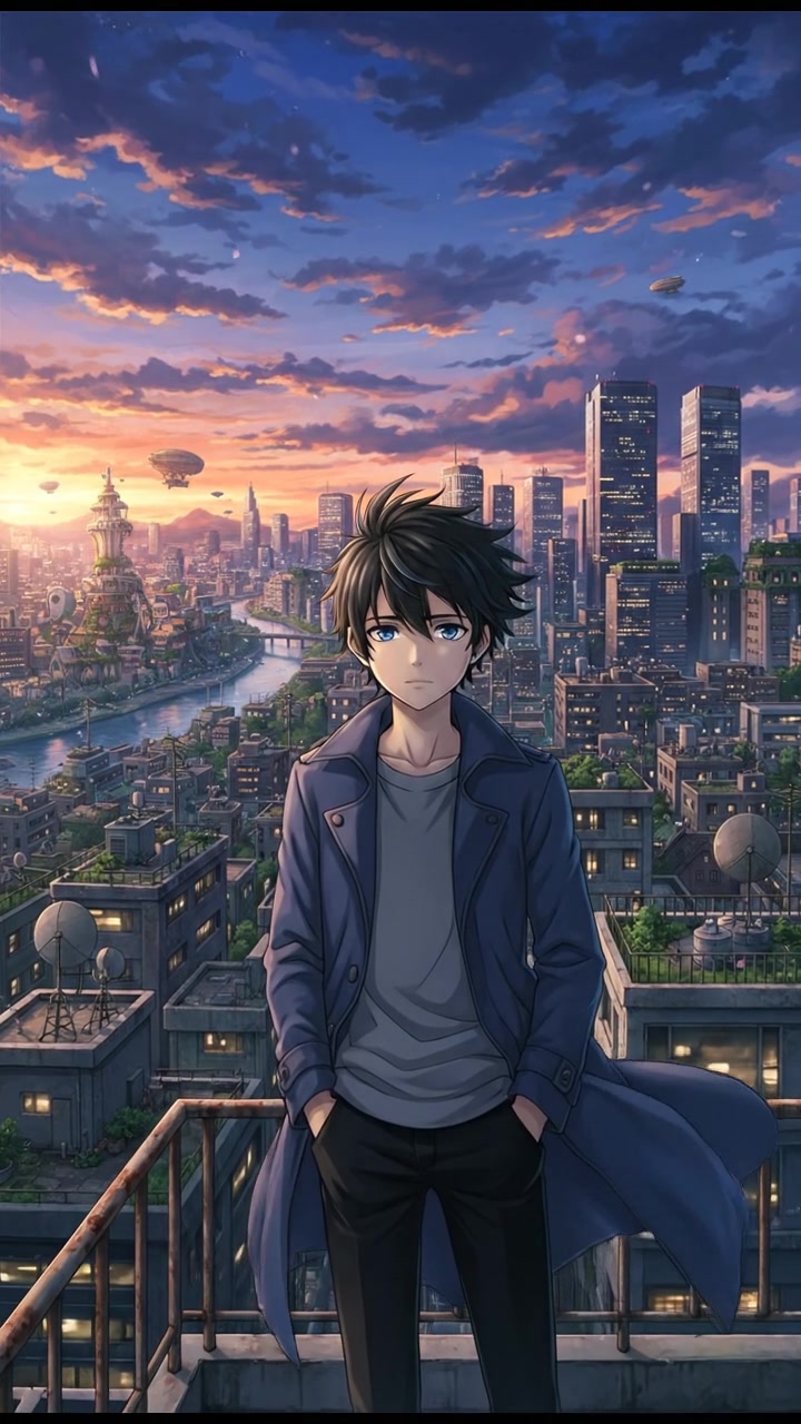 Eli Melman standing silently on a rooftop, gazing out over the city skyline.