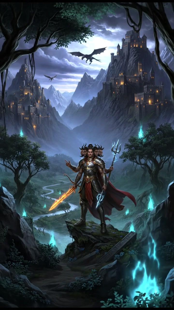 Ravana, standing in a forest, gazes at the towering mountains in the background.